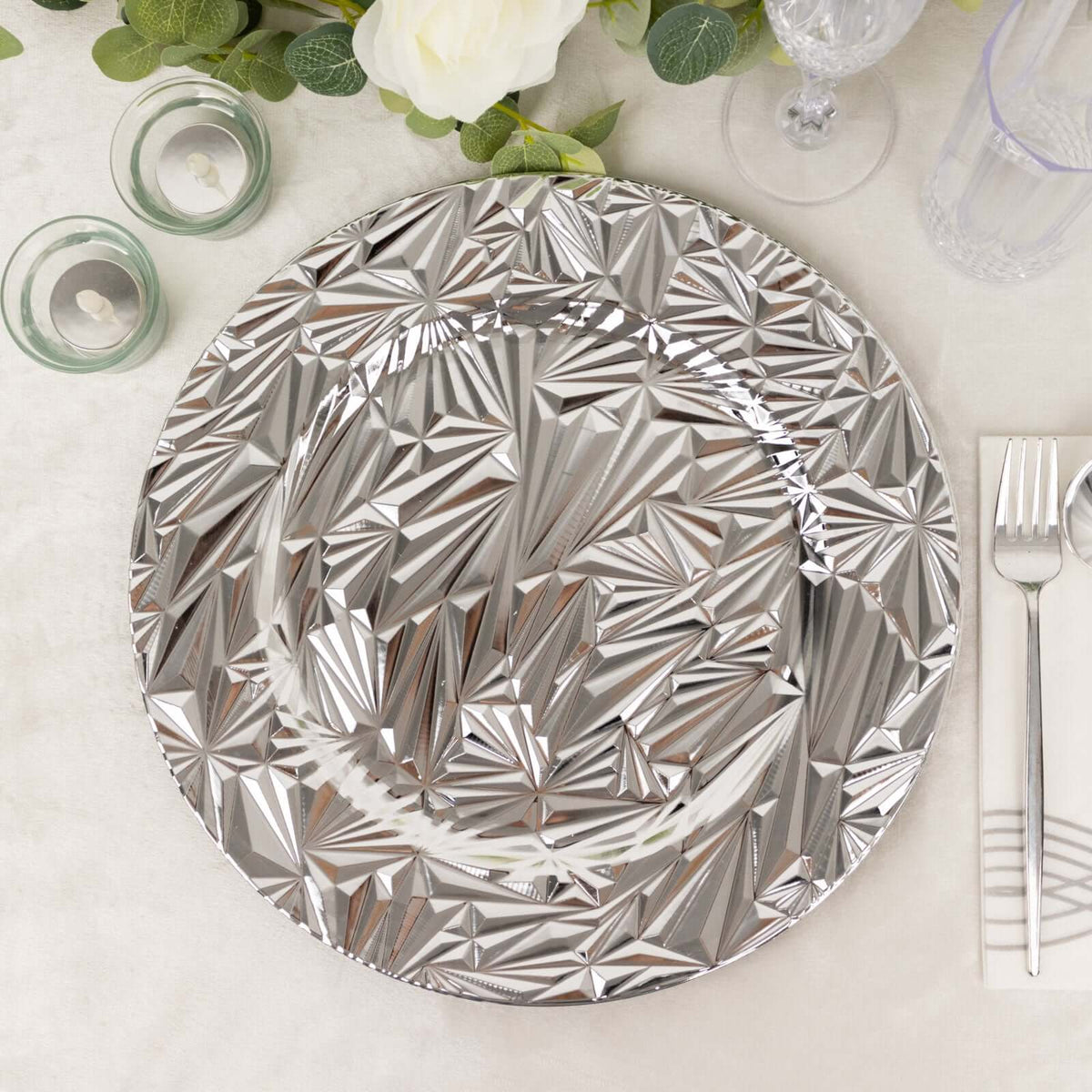 6-Pack Acrylic Round Charger Plates 13" in Metallic Silver with Rock Cut Design, Durable Plastic Dinner Charger Tableware