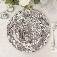 6-Pack Acrylic Round Charger Plates 13" in Metallic Silver with Rock Cut Design, Durable Plastic Dinner Charger Tableware