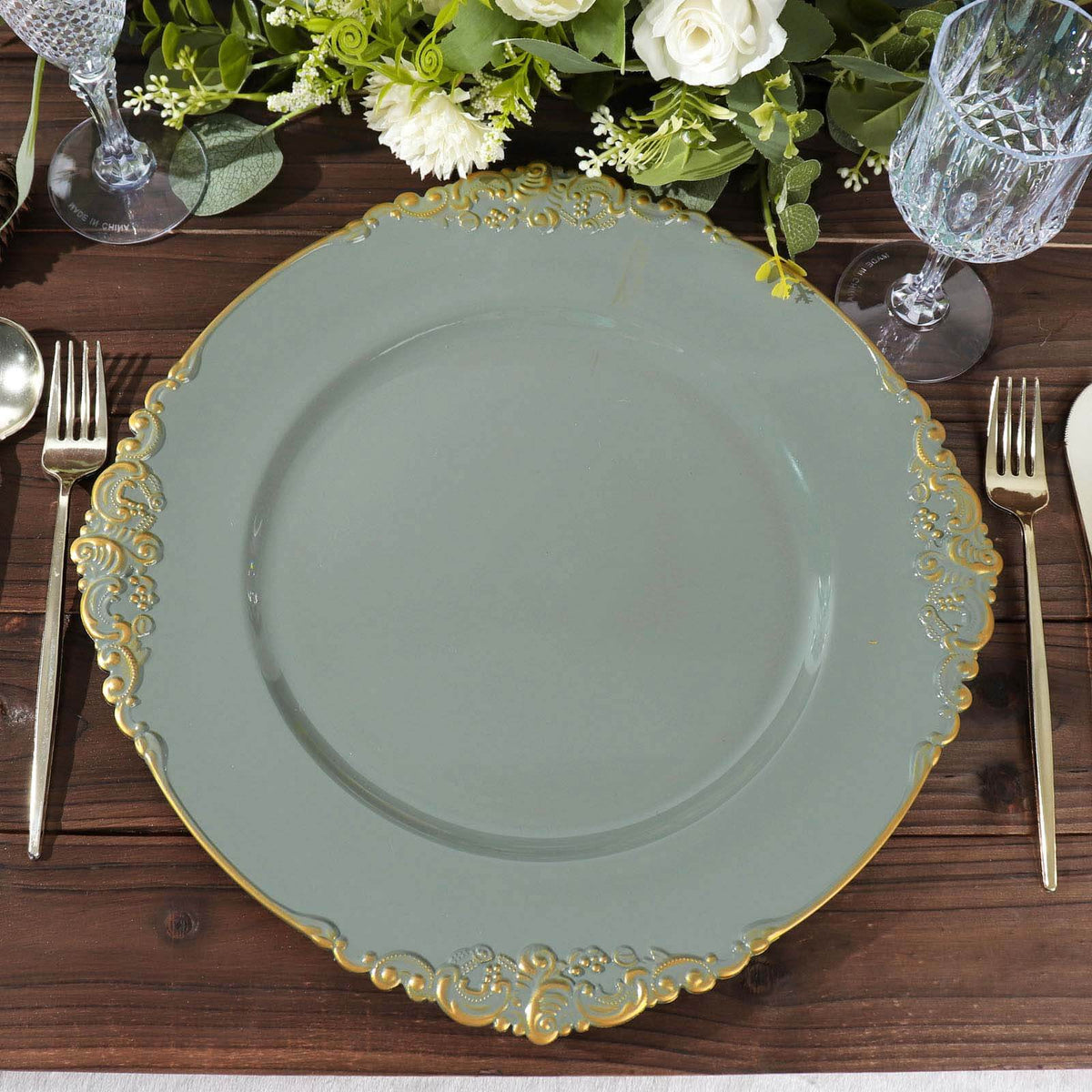 6-Pack Acrylic Round Charger Plates 13" in Olive Green with Gold Embossed Baroque Rim, Antique Decorative Dinner Party Charger Tableware