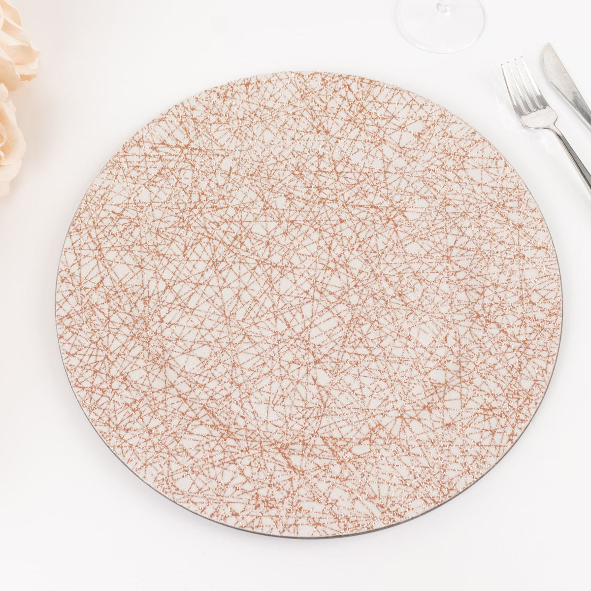 6-Pack Acrylic Round Charger Plates 13" in Rose Gold with Glitter Abstract Lines Pattern, Decorative Dinner Party Charger Tableware