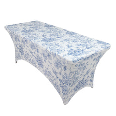 6ft Spandex Fitted Rectangle Tablecloth – White & Blue French Toile Wrinkle-Free Stretch Table Cover