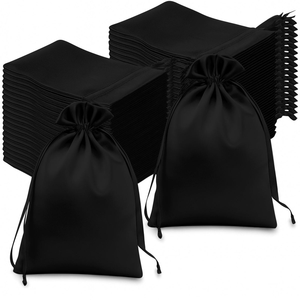 60 Pack 6"x9" Black Satin Wedding Party Favor Bags, Drawstring Pouch Gift Bags